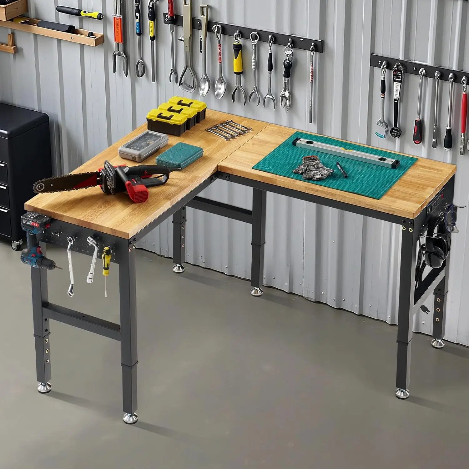 Albott 56"x48" L-Shaped Adjustable Workbench with Storage & Power Strip, Heavy Duty Tool Bench for Woodworking, Garage, Workshop, Home Office, 6000LBS Load, Pegboard & Hooks, ETL Certified by GreenHaven Gardens