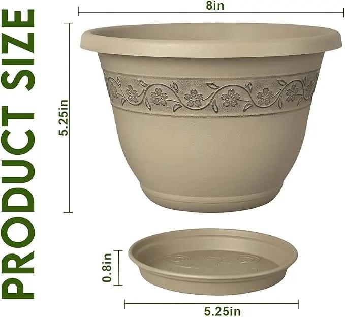 8 Inch Plant Pots with Drainage Hole - Lightweight Flower Pots for Herbs and Flowers - Home Decor Plastic Planters for Indoor Outdoor Plants- Pack of 6 (Brown, 8 inch) by GreenHaven Gardens