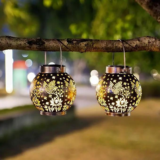 2 Pack Outdoor Solar Hanging Lantern Lights Metal LED Decorative Lamp for Garden Patio Courtyard Lawn and Table with Hollowed-Out Design (Bronze Hummingbird) by GreenHaven Gardens