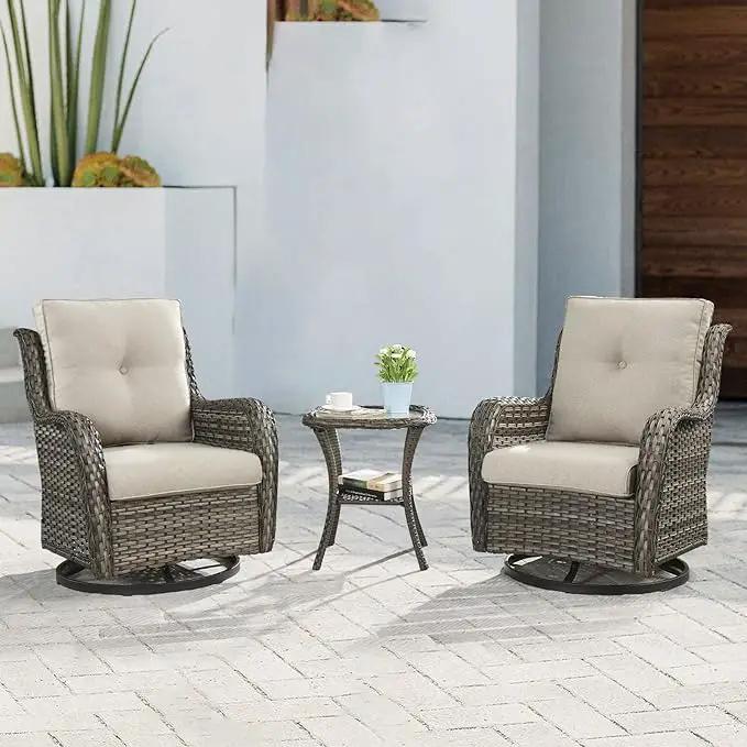 Outdoor Patio Swivel Rocker Chairs - 3 Piece Patio Bistro Set,Wicker Patio Furniture Set with 2 Swivel Rocking Chairs and 1 Glass Top Side Table for Deck Porch Garden,Mixed Grey/Beige by GreenHaven Gardens