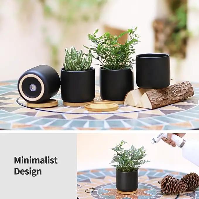 4 Inch Ceramic Plant Pots with Drainage Holes and Trays, Adorable Small Cylinder Flower Planter Pot for Indoor Plants, Succulent, Snake Plants, Cactus & Herbs, Black, Set of 4 by GreenHaven Gardens