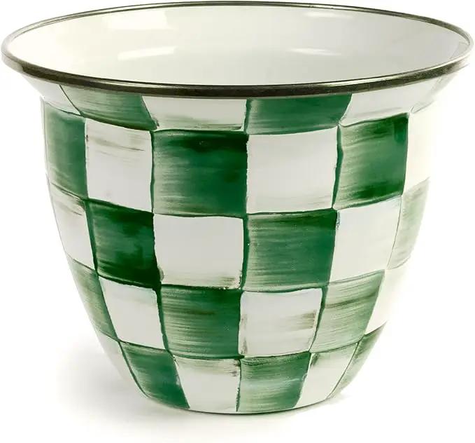 MACKENZIE-CHILDS Flowerpot, Decorative Garden Pot for Growing Plants, Green-and-White Emerald Check by GreenHaven Gardens