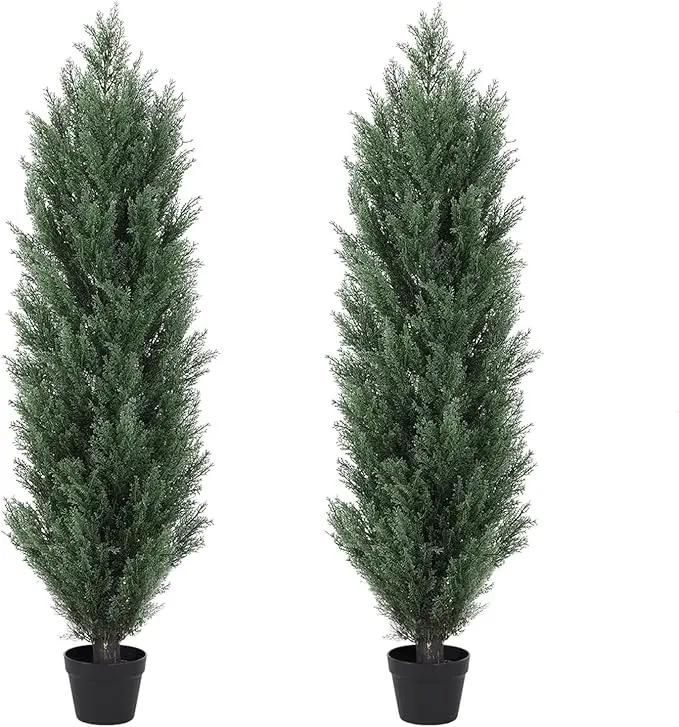 THE BLOOM TIMES 4ft Topiary Trees Artificial Outdoor 2 Pack – UV Resistant Faux Cedar Pine Cypress Bushes and Shrubs, Fake Potted Plants for Front Porch Outside Planter Patio Decor, Set of 2 (4 Foot) by GreenHaven Gardens