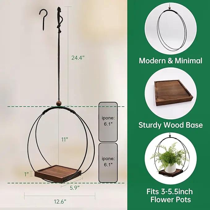 Hanging Planters for Indoor Plants, Black Plant Hanger Indoor with Sturdy Wood Base, Modern Boho Macrame Plant Hanger, Hanging Wall Ceiling Window Home Decor (Plants/Pots Not Included) by GreenHaven Gardens
