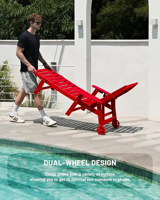 Chaise Lounge Chair Outdoor with Wheels, 6-Position Adjustable HDPE Chaise Lounge Chair with Cup Holder, Outdoor Chair for Pool Poolside Deck Backyard Patio, Red by GreenHaven Gardens