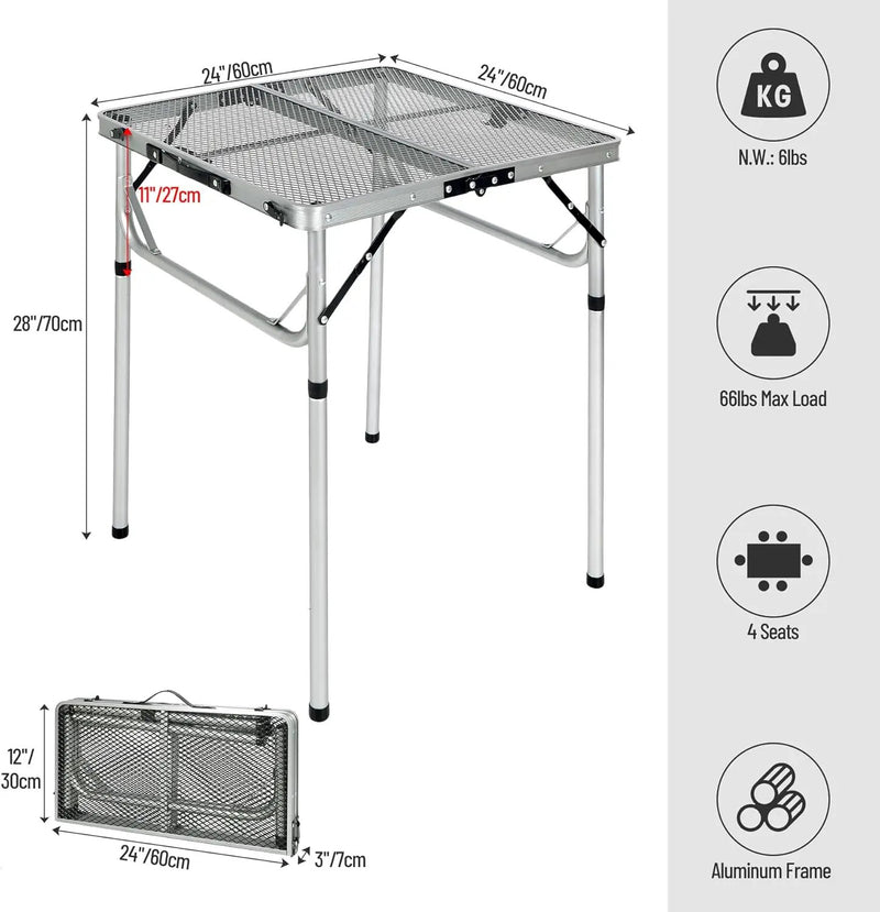REDCAMP 24" Square Folding Grill Table for Outside, Lightweight Portable Metal Aluminum Outdoor Grill Table with Adjustable Height Legs, Great for Camping Picnic Cooking BBQ, Silver 2ft by GreenHaven Gardens