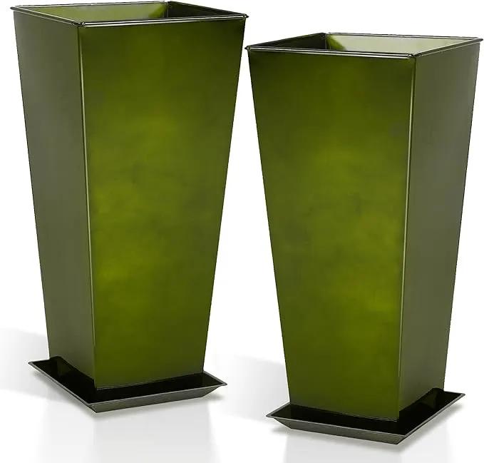 WORTH Garden 25" Large Metal Glazed Planter Set of 2, Luxurious Glossy Finish Green Tall Square Tapered Steel Plant Pots, Decor Flower Pot Indoor & Outdoor, Drainage Hole & Dual-Purpose Plant Saucer by GreenHaven Gardens