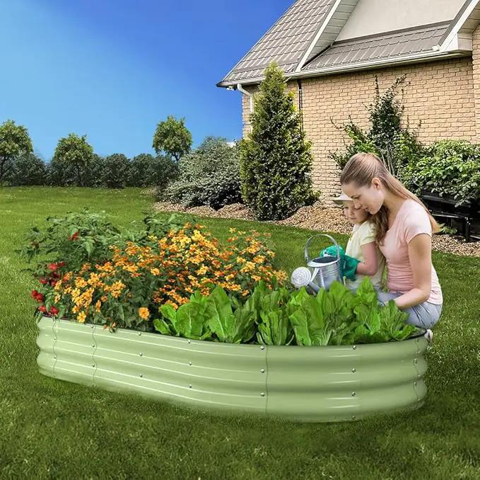 Raised Garden Bed, 8x4x1ft Galvanized Outdoor Planter Beds with Safety Edging and Gloves, Oval Metal Planter Box for Gardening Vegetables Flowers Herb by GreenHaven Gardens