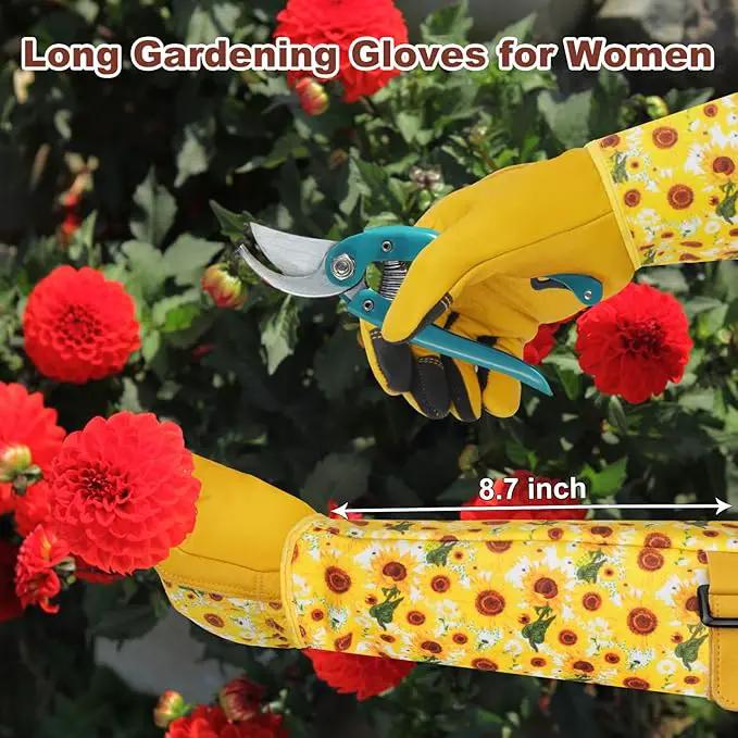 DLY Gardening Gloves for Women, Rose Gloves Gardening Thorn Proof, Long Garden Gloves for Women, Breathable Cowhide Leather Gauntlet (Medium, Yellow by GreenHaven Gardens