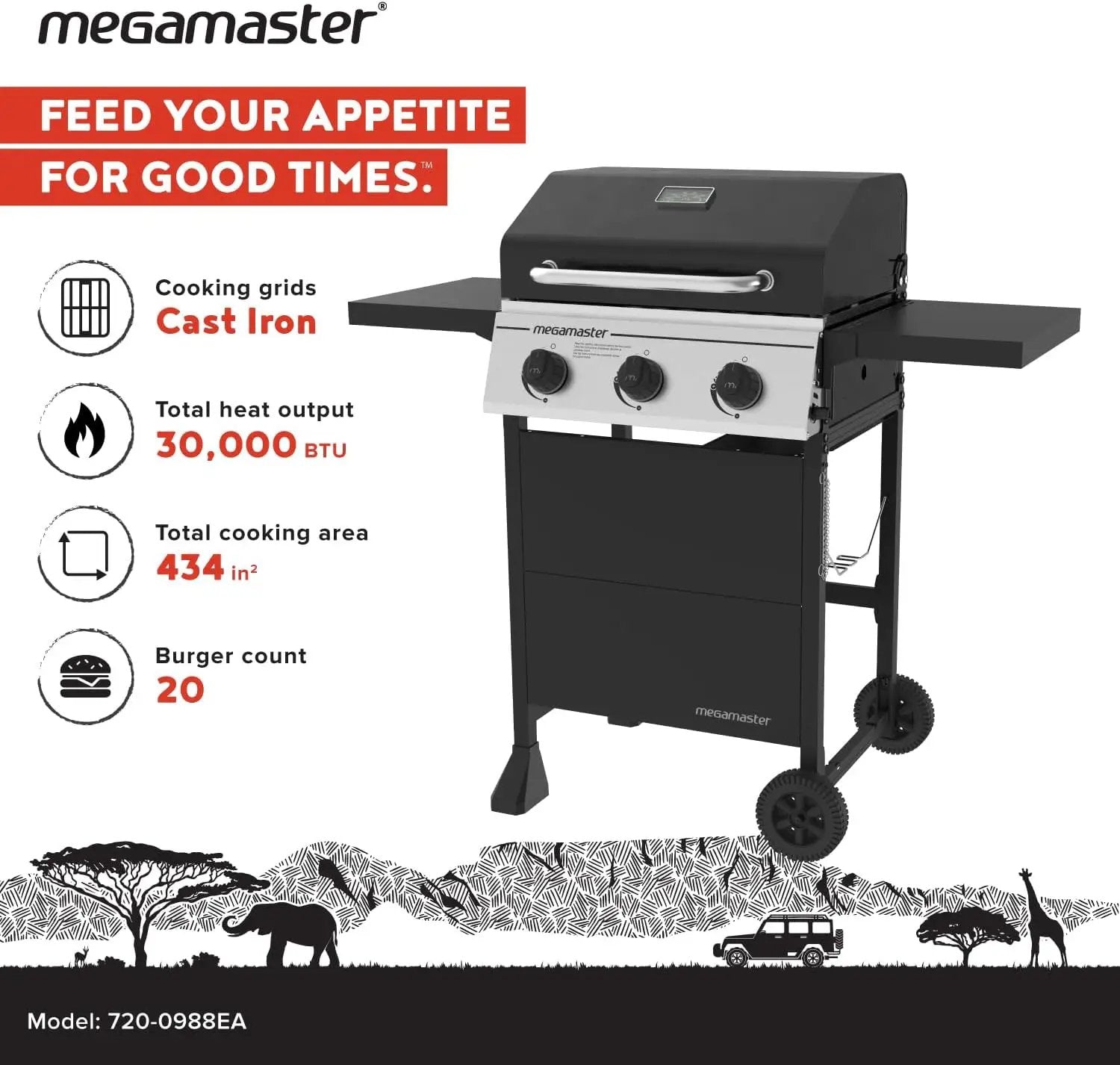 3-Burner Propane Gas Grill with Folding Side Tables, 30,000BTUs, 429.81 sq. in. Cooking Space, Stainless Steel Control Panel, Outdoor Kitchen Grill for BBQs, Patios, and More - 720-0988EA by GreenHaven Gardens