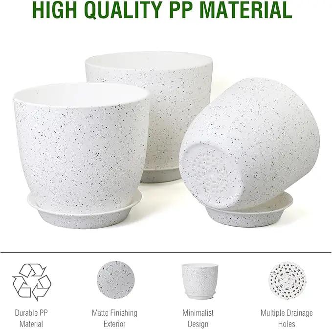 9/8/7.5 inch Flower Pots, Set of 3 Modern Decorative Plastic Planters with Drainage Holes and Saucers for Garden House Plants, Plant Pots for Indoor Outdoor Plants, Speckled White by GreenHaven Gardens