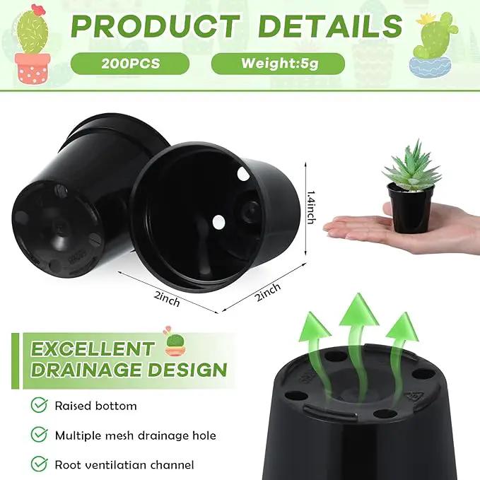 Yaomiao 200 Pcs 2 Inch Black Mini Plastic Plant Pot Nursery Seedling Pots Seed Starter with Drainage Holes for Indoor Outdoor Garden Succulent Plants Cuttings Transplanting by GreenHaven Gardens