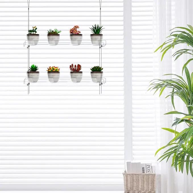 2-Tier Clear Hanging Window Plant Shelves 16inch,Indoor Windows Wall Hanging Plant Stand Flower Display,Flower Pot Organizer Storage for Window Grow Herbs,Microgreens,Succulents,Flower