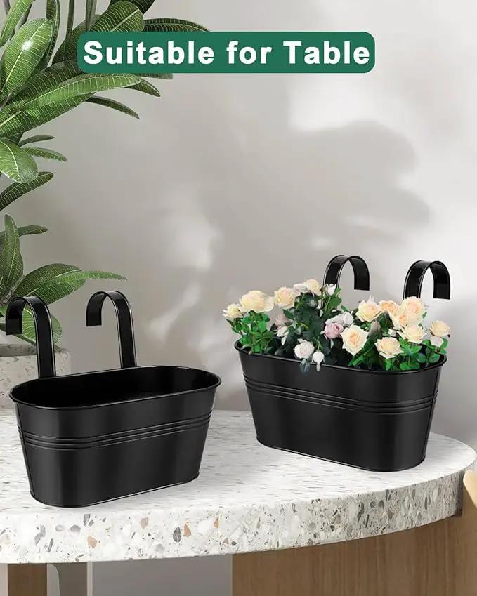 vensovo Metal Railing Planter for Outdoor Plants - 5 Pack Balcony Hanging Flower Pots with Detachable Hooks and Drain Holes Oval Bucket Rail Box Fence Planters for Home Garden Decor, Black by GreenHaven Gardens