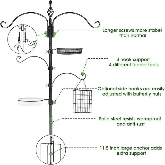 Bird Feeder Pole Wild Bird Feeder Hanging Kit Planter, 83 Inch Bird Feeding Station Kit with 5 Prongs Base Hummingbird Feeder Stand Hook for Outside by GreenHaven Gardens