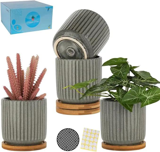 TAMAYKIM 4 Inch Cylinder Ceramic Plant Pots with Drainage Holes & Saucers, Glazed Green Grey Small Boho Planters with Trays for Indoor Flower, Snake Plants, Succulent, Cactus, Set of 4 by GreenHaven Gardens