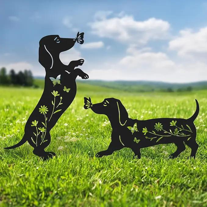 Pack 2 Dog Metal Garden Decor for Outside,Dachshund Silhouette Garden Stakes,Garden Statues for Yard,Lawn,Pathway by GreenHaven Gardens