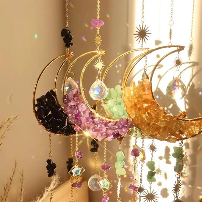 Crystal Suncatcher Hanging Moon Sun Light Catcher with Glass Prisms for Window Natural Green Quartz Decor Home Indoor Making Rainbows by GreenHaven Gardens