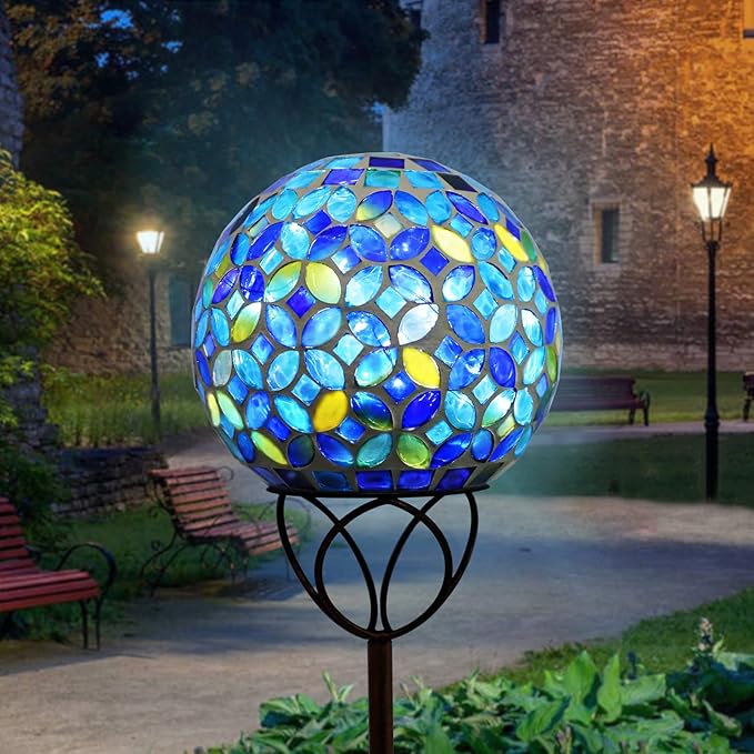VCUTEKA Solar Outdoor Lights Garden Decor Mosaic Solar Garden Lights Waterproof Glass Ball LED Pathway Stake Light for Landscape Lawn Patio Yard Decoration 6 inch, Blue by GreenHaven Gardens