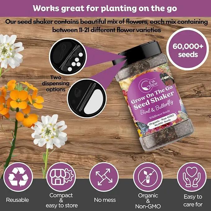 Mini Wildflower Seed Shaker - Bird & Butterfly Garden Seed Mix | 60,000+ Annual & Perennial Flower Seeds for Planting - Attracts Hummingbirds & Butterfly | No Messy Bags or Packets by GreenHaven Gardens