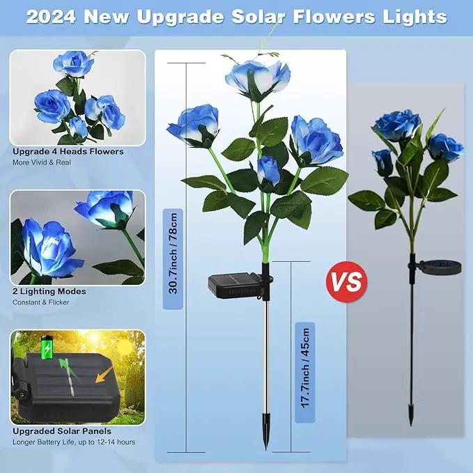 Solar Garden Lights Outdoor, 4 Pack Solar Flower Lights Outdoor Waterproof with 16 Rose, 2 Modes Realistic Rose Flower for Yard, Pathway, Garden Decor & Gardening Gift by GreenHaven Gardens