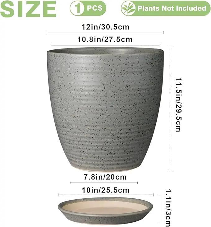 12 Inch Plant Pot, Ceramic Planter Pot with Drainage Hole and Saucer Round Large Flower Pot for Indoor Plants, Light Gray by GreenHaven Gardens