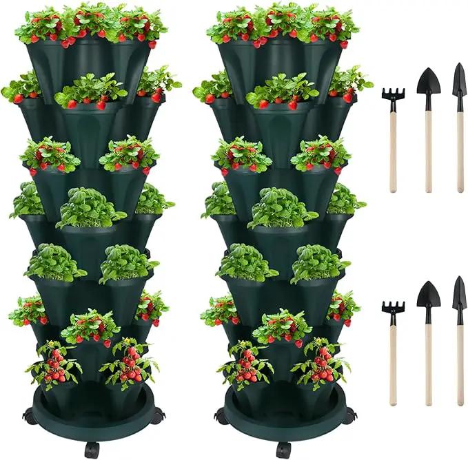 Vertical Planter 7 Tier Stackable Planters Garden Planters Strawberry Herb Flower and Vegetable Planter Indoor Outdoor Gardening Pots with Removable Wheels and Tools 2-Pack by GreenHaven Gardens