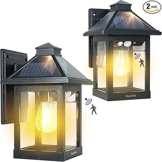 2 Pack Solar Wall Lantern Lights Outdoor Dusk to Dawn Motion Sensor Waterproof LED Wall Sconce Exterior Porch Light Fixtures Warm White, 3 Lighting Modes for Fence Patio Garage Garden Yard by GreenHaven Gardens