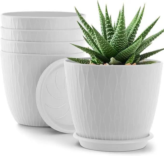 Plant Pots – 6 Inch Planters with Drainage Holes and Saucers, Flower Pots for Indoor and Outdoor Plants, Nursery Planting Pots (Pack of 5, White) by GreenHaven Gardens
