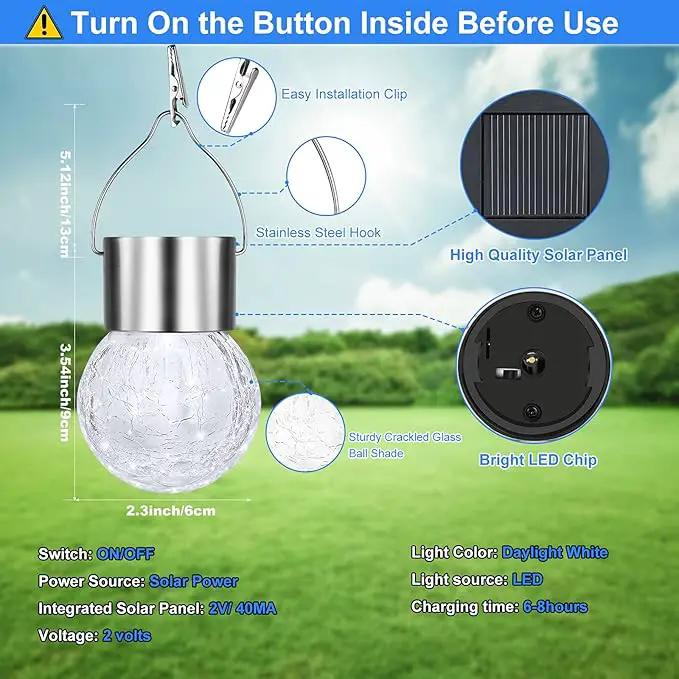 12Pack Outdoor Hanging Solar Lights - Solar Powered Crackle Glass Ball Lights Waterproof Tree Hanging Outdoor Globe Lights with Hook for Garden Balcony Patio Christmas Party Decoration, Daylight White by GreenHaven Gardens