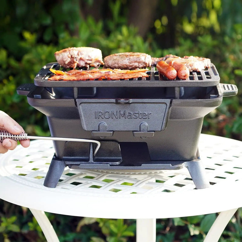 IronMaster Hibachi Grill Outdoor, Small Portable Charcoal Grill, 100% Pre-Seasoned Cast Iron, Japanese Yakitori Camping Grill - 2 Heights, Air Control, Coal Door + Carrying case by GreenHaven Gardens