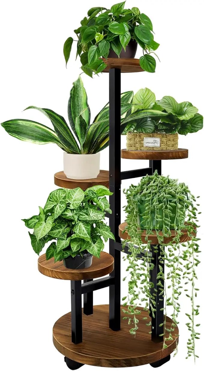 GEEBOBO 5 Tier Plant Stand With 4 Wheels, Metal Wood Tall Plant Stands For Indoor Plants Multiple, Corner Tiered Flower Plants Shelf Stand for Living Room Bedroom, Brown by GreenHaven Gardens