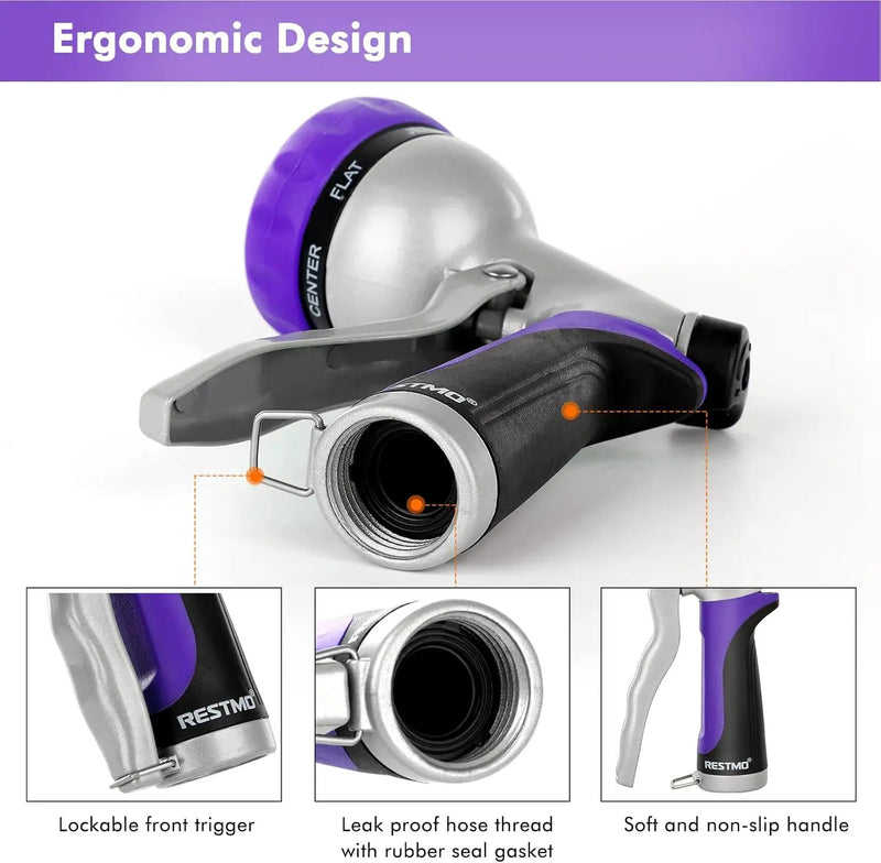 RESTMO Garden Hose Nozzle, Heavy Duty Metal Water Hose Nozzle with 7 Adjustable Spray Patterns, High Pressure Hand Sprayer with Flow Control, Best for Watering Plant & Lawn, Washing Car & Pet, Purple by GreenHaven Gardens