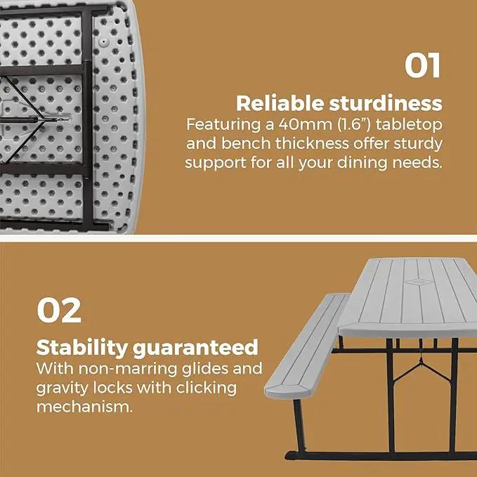 OEF Furnishings Heavy Duty Blow Molded Folding Picnic Table- Light Speckled Grey, Black Frame by GreenHaven Gardens