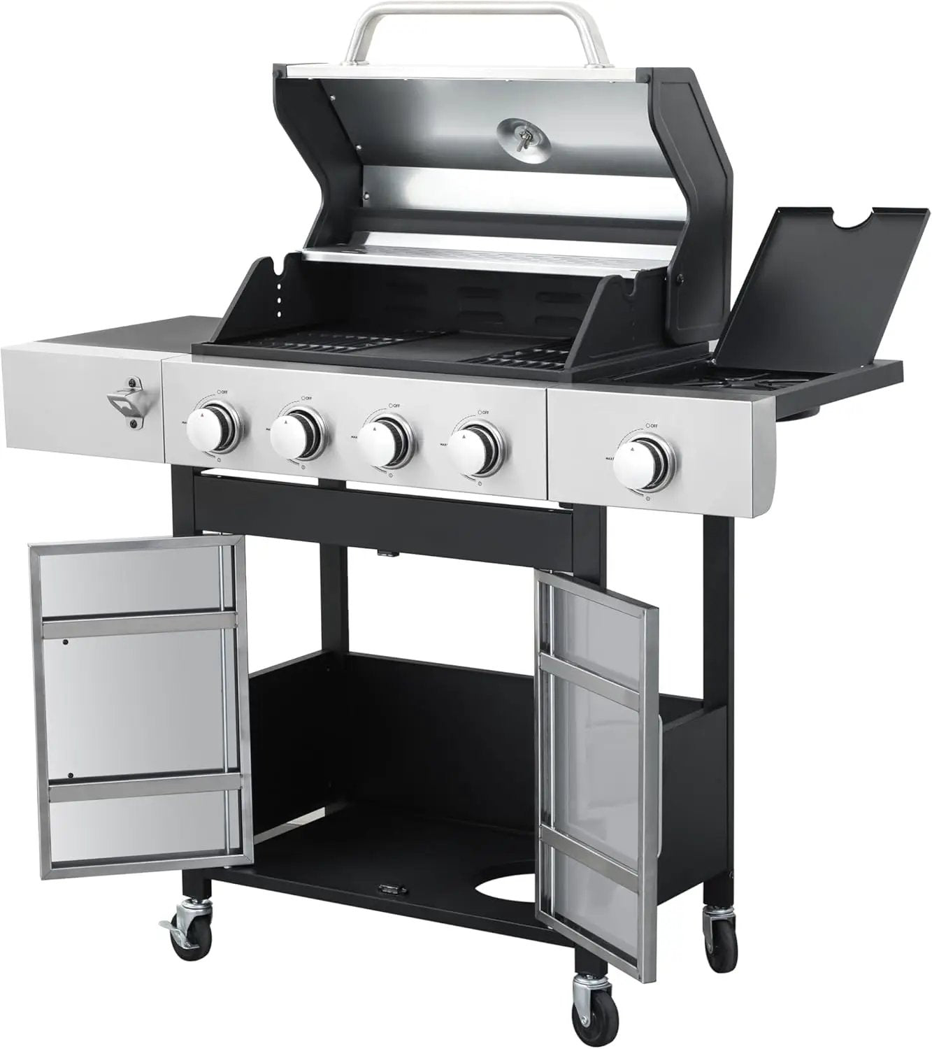 4-Burner Propane Gas BBQ Grill with Side Burner, 46,790 BTU Output, Enameled Cast Iron Grates, Heavy-Duty Stainless Steel Outdoor Grill for Backyard Barbecue by GreenHaven Gardens