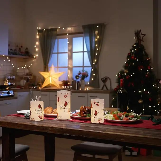 Cardinal Flameless Candles, 3 Pack LED Flickering Pillar Candles with Red Bird Decals, Real Wax Cardinal Home Decor for Halloween Christmas Decor(D3” x H4”5”6”) by GreenHaven Gardens