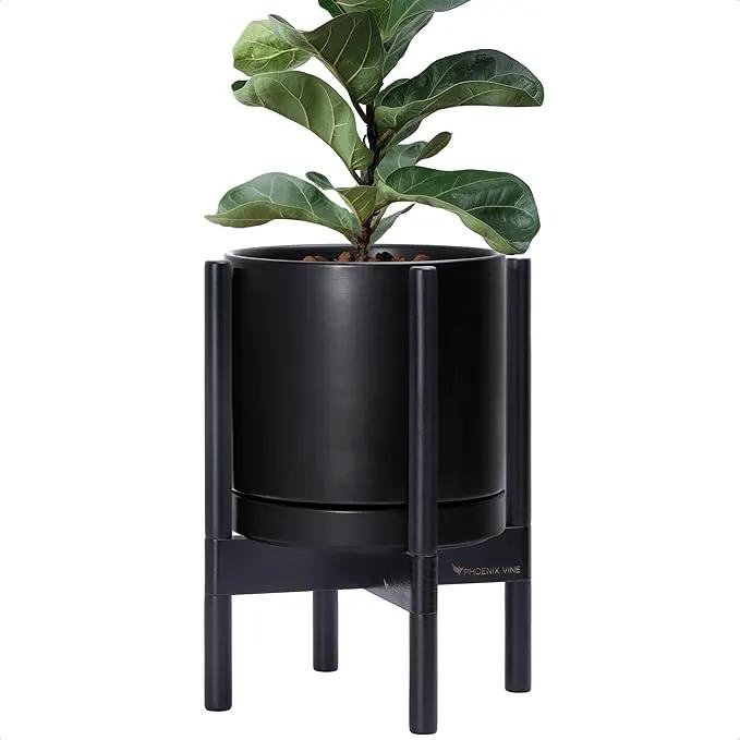 D'vine Dev Ceramic Planter with Ebony Stand - 10 Inch Modern Round Flower Pot with Wood Planter Holder, Black, 55-B-L-2 by GreenHaven Gardens