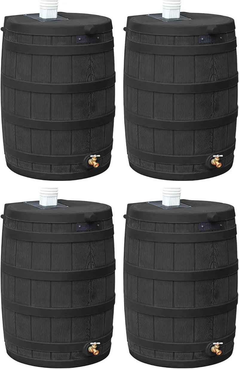 Good Ideas Rain Wizard 50 Gallon Plastic Outdoor Home Rain Barrel Water Storage Collector with Brass Spigot and Flat Back Design, Black (4 Pack) by GreenHaven Gardens