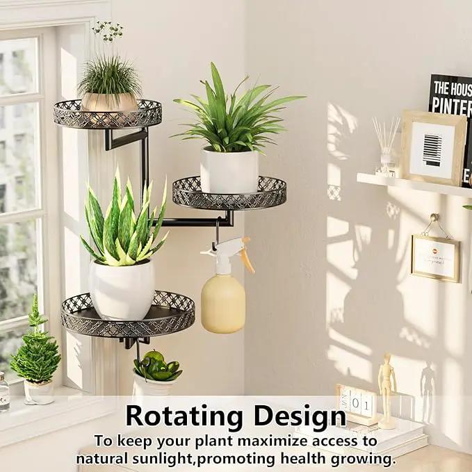 OVICAR Rotating Window Plant Shelves - Indoor Wall Plant Stand 3-Tier Floral Metal Window Shelf Holder for Multiple Plants with Hanging Hooks Home Decor Black by GreenHaven Gardens