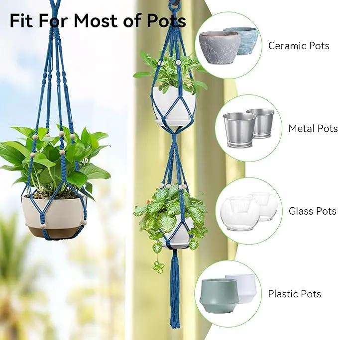 USLAI Macrame Plant Hanger Indoor Outdoor, Up to 4-15 inch Pot, Heavy 20lb Planters, Extra Long Strong Hanging Planter Basket Holder, Boho Home Decor, 35+49 Inch, Blue (POTS NOT Included) by GreenHaven Gardens