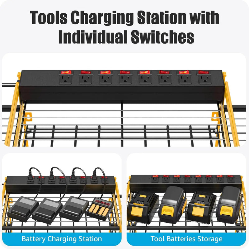 CCCEI Yellow Power Tool Organizer Wall Mount, Large Tools and Battery Storage Rack Charging Station Individual Switches. Drills Holder, Garage Utility Shelves with 6FT Power Strip. Gift for Men. by GreenHaven Gardens