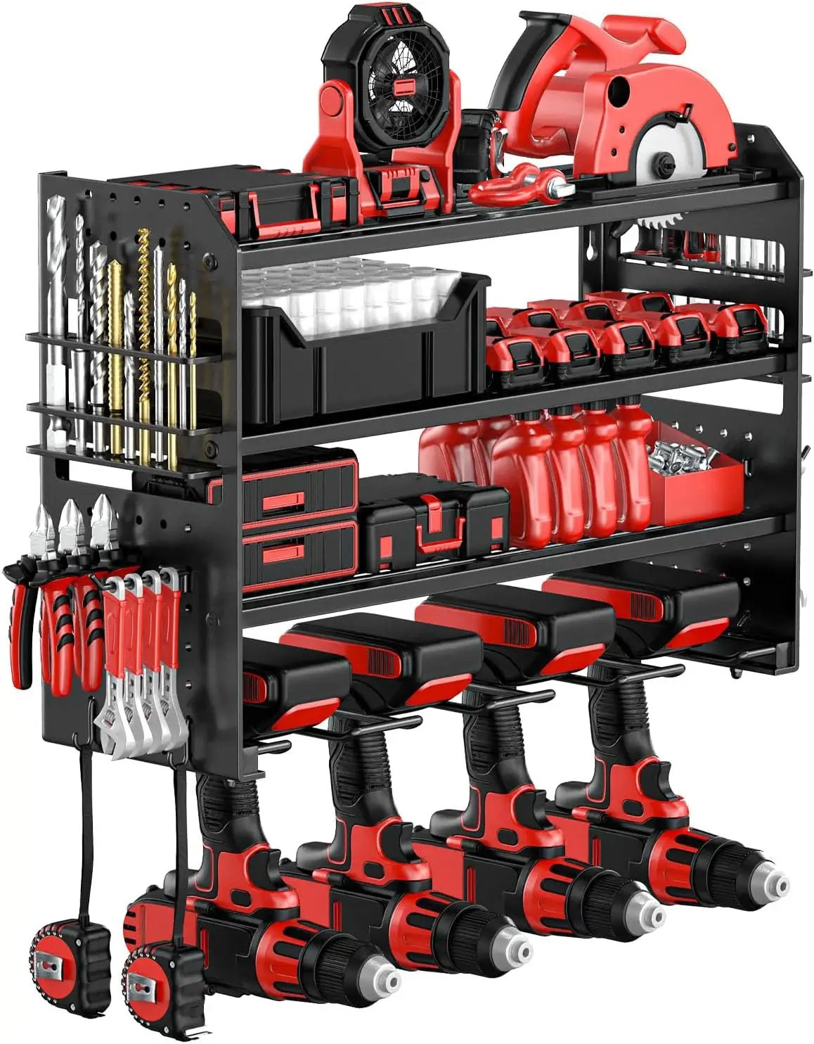Power Tool Organizer Wall Mount, Metal Power Tool Storage Rack with Screwdriver Holder, Garage Tool Storage Shelves with Screwdriver Holder Plier Holder (Black, 4 Drills Holder) by GreenHaven Gardens