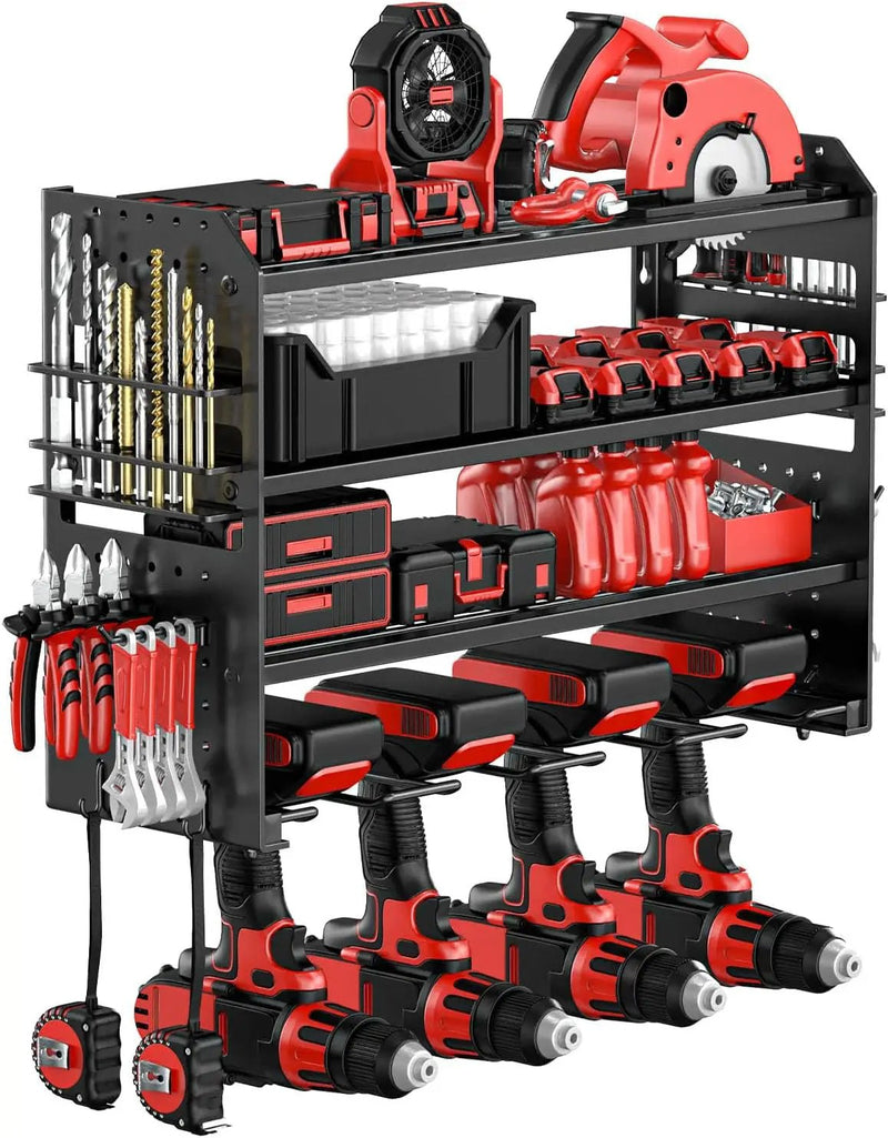 Power Tool Organizer Wall Mount, Metal Power Tool Storage Rack with Screwdriver Holder, Garage Tool Storage Shelves with Screwdriver Holder Plier Holder (Black, 4 Drills Holder) by GreenHaven Gardens