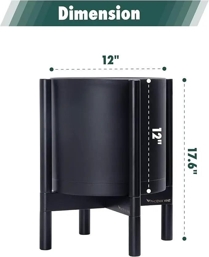 D'vine Dev Planter Pot with Stand - 12 Inch Plastic Cylinder Flower Pot with Wood Planter Holder for Indoor, Matte Black Pot + Ebony Stand, 55-C-Q-2 by GreenHaven Gardens