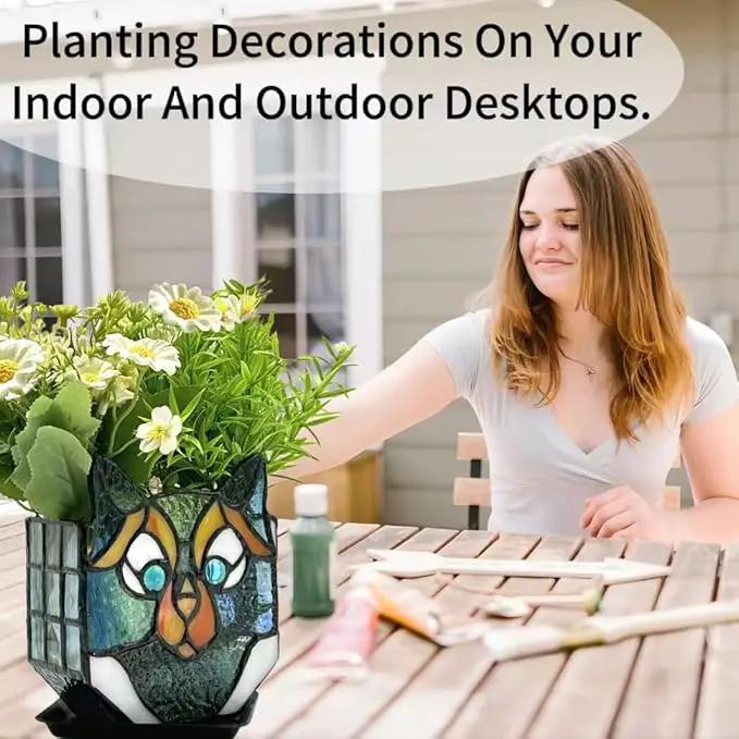 Cat Stained Glass Pot,Cat Flower Pots for Indoor Plants,Cat Plant Decor,Fun Plant Pots Gift 4.6x3x5.15 in(Excluding Plants) by GreenHaven Gardens