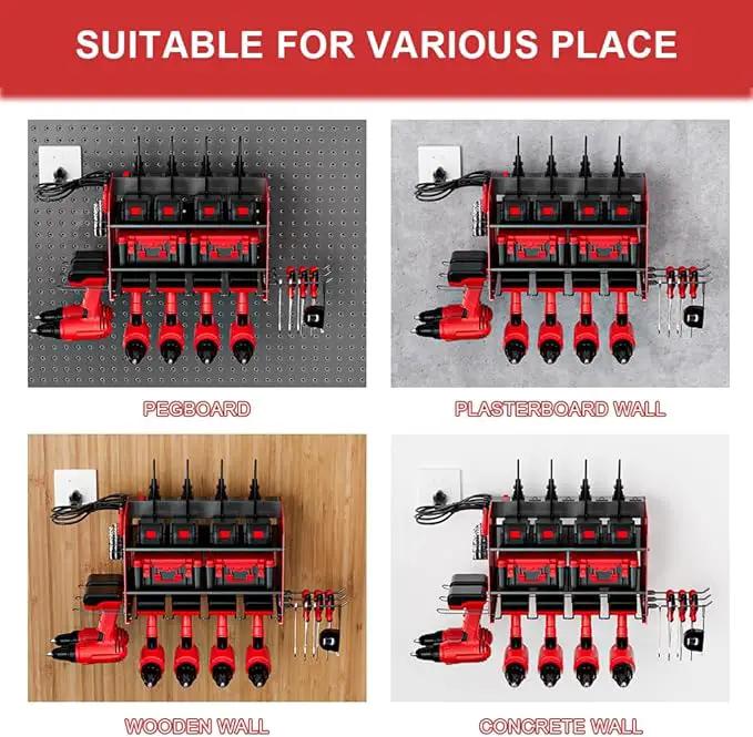 Power Tool Organizer with Charging Station, 6 Drill Holder Wall Mount, 3 Layer Garage Tool Organizer with Hooks, Screwdriver, Drill Bit Rack, Heavy Duty Utility Shelf for Garage, Gifts for Men by GreenHaven Gardens