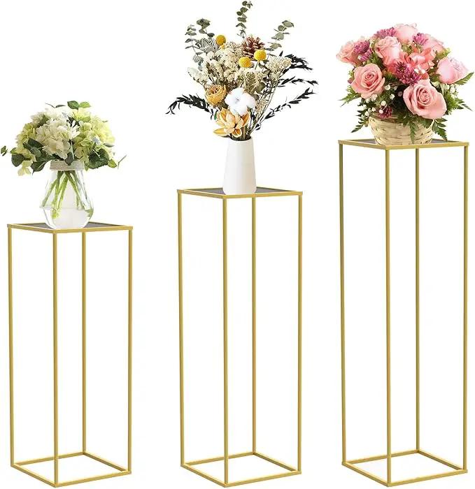 chamvis Gold Metal Plant Stand, 3 Pcs Tall Cylinder Pedestal Stands for Parties and Weddings, Gold Square Cylinder Tables for Living Room and Patio Decor by GreenHaven Gardens