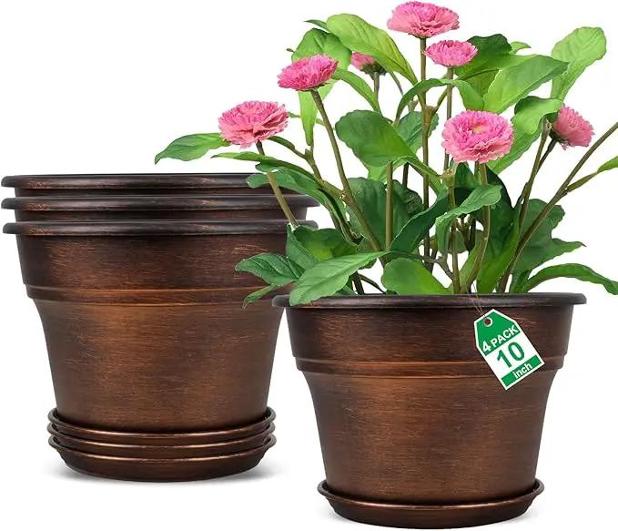 10 Inch Planters Plant Pots Indoor Outdoor, 4 Pack Plastic Flower Pot for Indoor Plants with Drainage Holes & Trays, Resin Decorative Container Sets with Saucer for House Garden Copper by GreenHaven Gardens