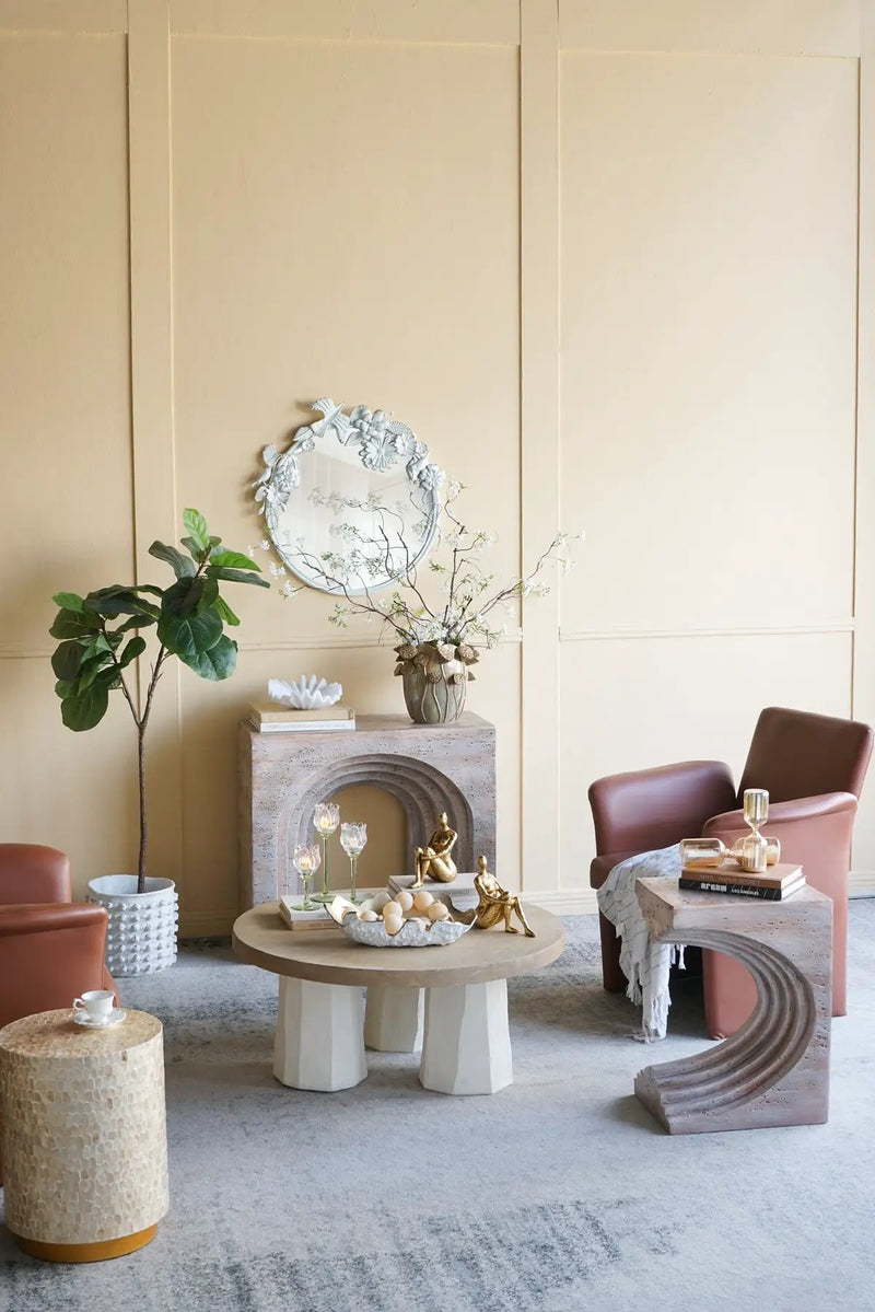 16.3x12.2x22.6 Modern Sculptural Arched Side Table with Faux Travertine Finish by HouseOfZazla