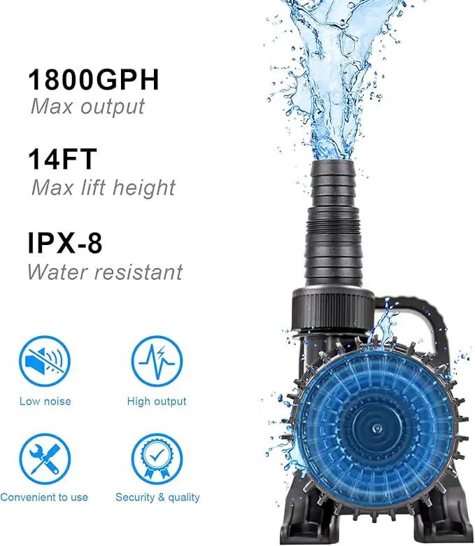 Outdoor 1800Gph-100W 32.8FT Small-Pond Water-fall & Kio Fish Fountain-s &Garden Pump Submersible IPX8: Long 32.8FT Cord Smart-er & Quieter Duck & Yard &Patio Ponds Pumps, 1 Barrier Pump Bag by GreenHaven Gardens